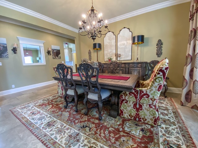 tiled dining area with a notable chandelier and crown molding