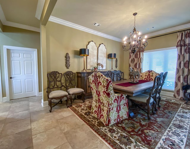 tiled dining room featuring an inviting chandelier and crown molding