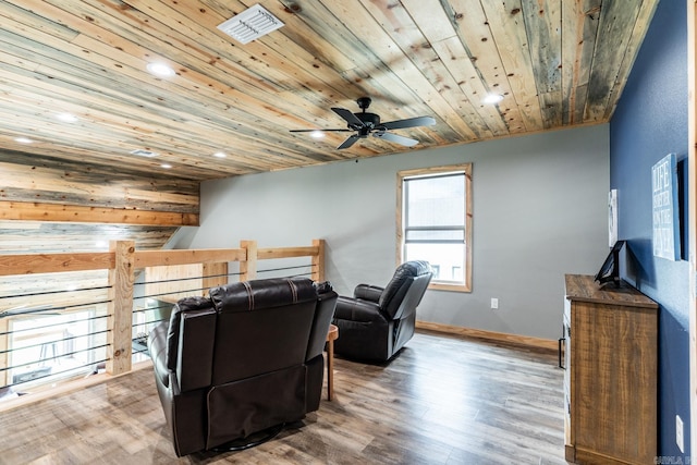 living room with wooden ceiling, ceiling fan, and dark hardwood / wood-style floors