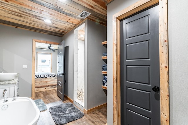 bathroom with ceiling fan, vanity, wood ceiling, and hardwood / wood-style flooring