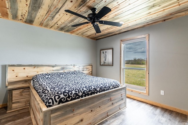 bedroom with ceiling fan, wood ceiling, and wood-type flooring