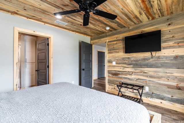 bedroom featuring ceiling fan, wood walls, dark wood-type flooring, and wood ceiling