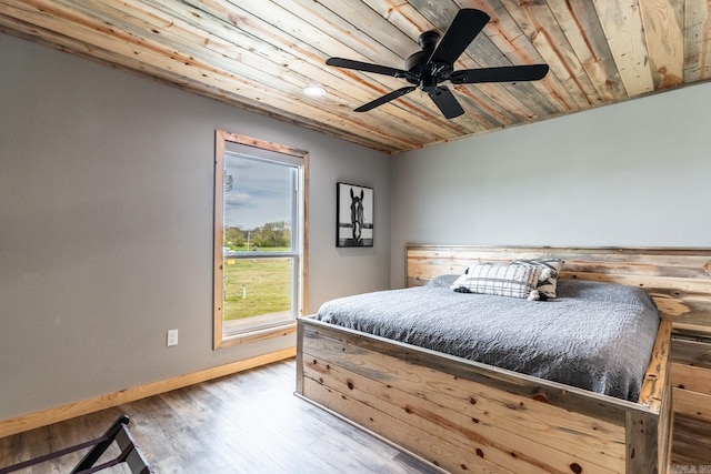 bedroom with ceiling fan, hardwood / wood-style flooring, and wooden ceiling