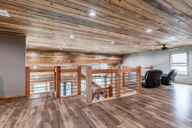 interior space with dark hardwood / wood-style flooring, a healthy amount of sunlight, and wooden ceiling