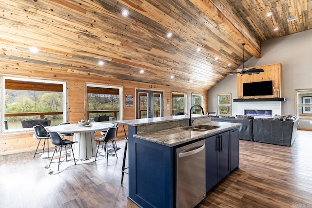 kitchen with sink, wood walls, wooden ceiling, stainless steel dishwasher, and dark hardwood / wood-style floors