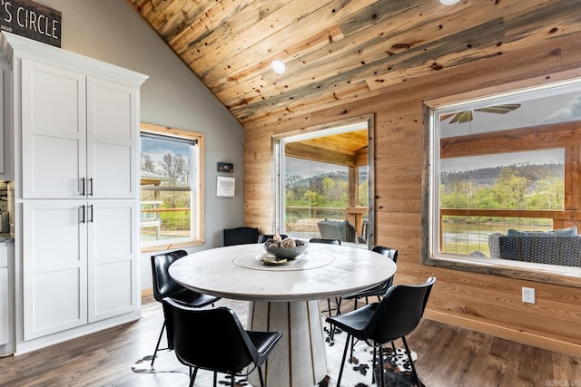 dining room with wooden ceiling, lofted ceiling, dark wood-type flooring, and wooden walls