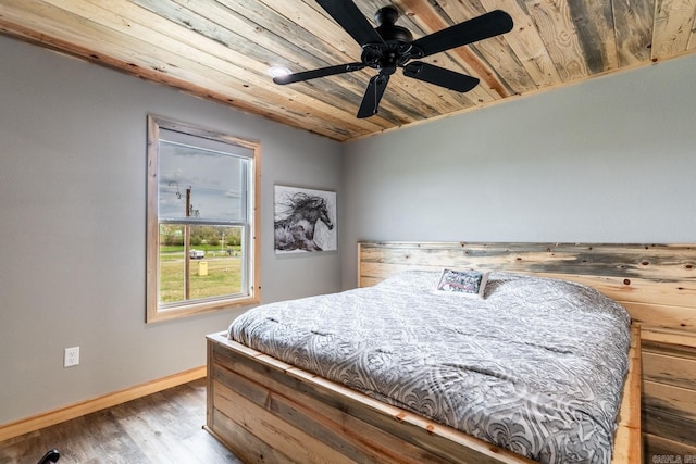 bedroom with ceiling fan, wood ceiling, and hardwood / wood-style floors