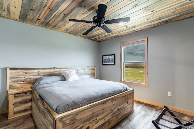 bedroom with dark hardwood / wood-style floors, ceiling fan, and wooden ceiling