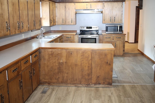 kitchen featuring sink, stainless steel appliances, light hardwood / wood-style floors, and kitchen peninsula