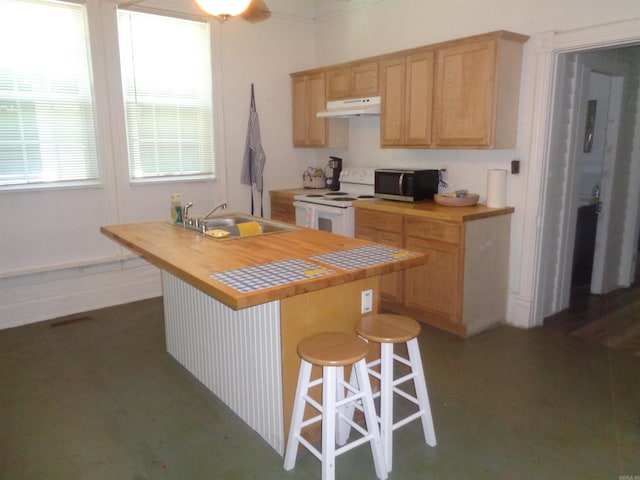 kitchen featuring an island with sink, light countertops, stainless steel microwave, and under cabinet range hood