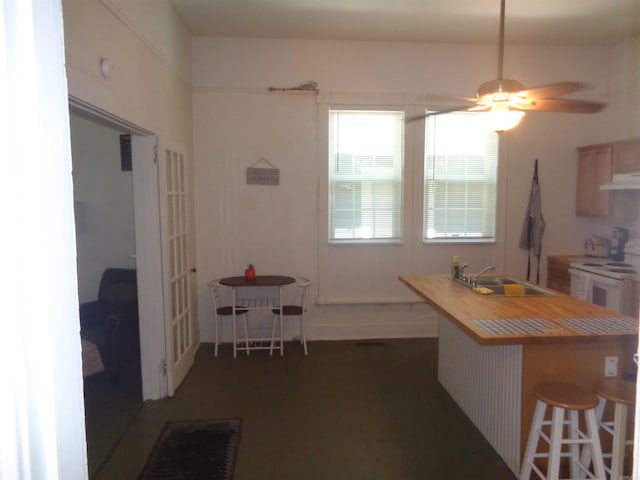 kitchen with white electric stove, a breakfast bar area, under cabinet range hood, a sink, and an island with sink