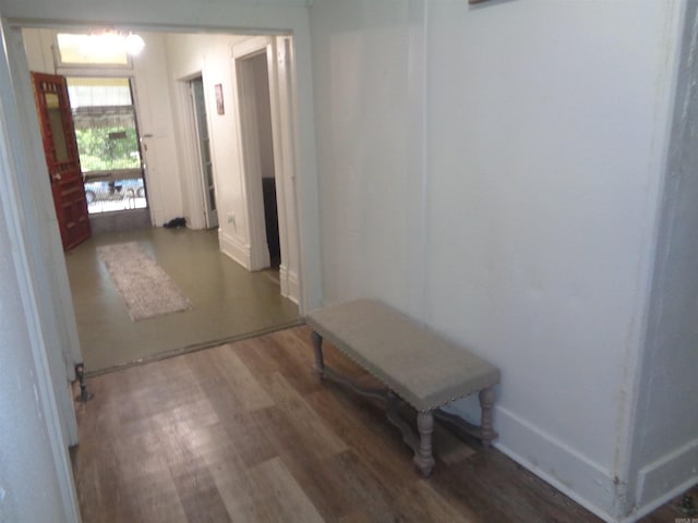 hall featuring dark wood-type flooring and baseboards