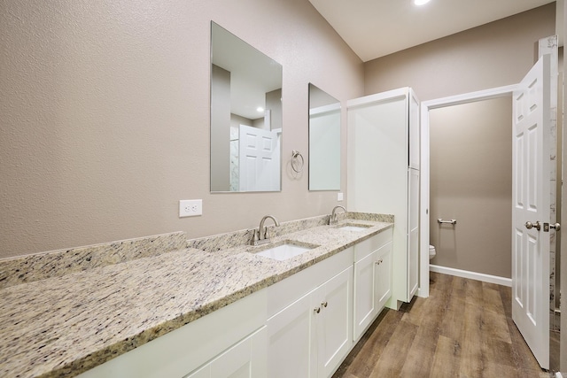 bathroom with wood-type flooring, toilet, and vanity