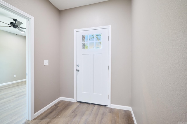 foyer with ceiling fan and light hardwood / wood-style flooring