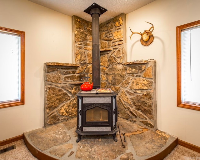 room details featuring a wood stove, a textured ceiling, and carpet