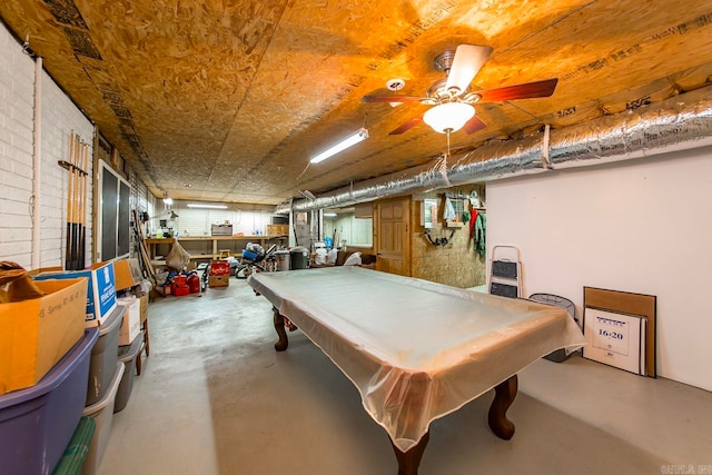 game room featuring ceiling fan, pool table, and concrete floors