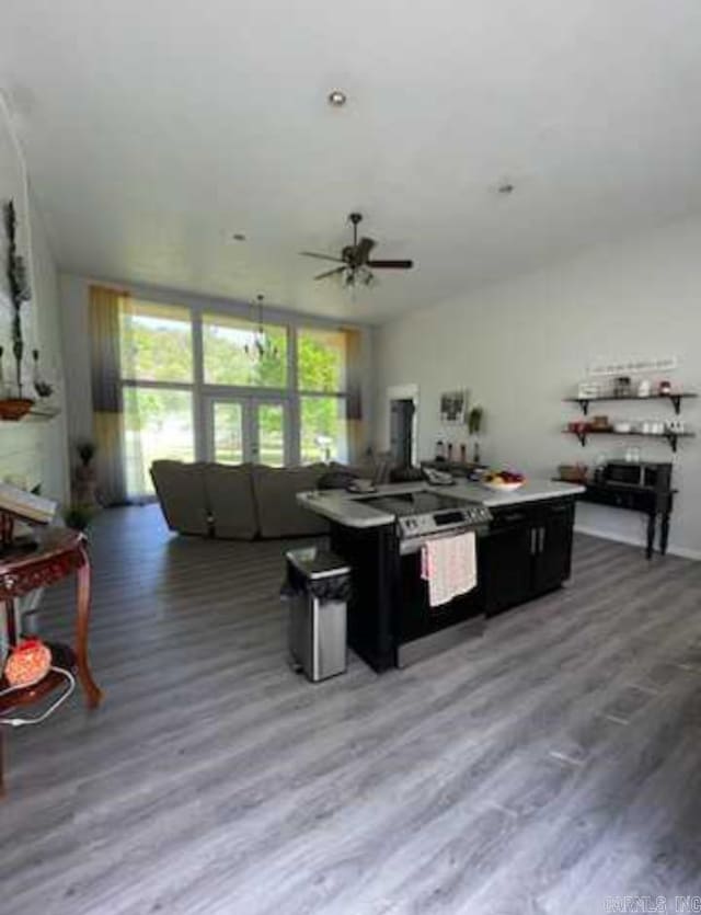 living room featuring wood-type flooring and ceiling fan