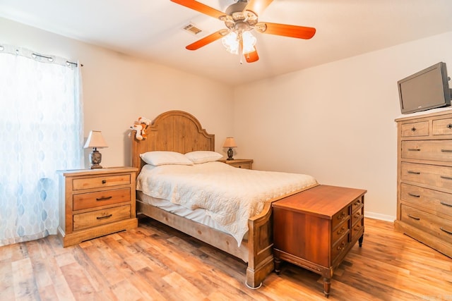 bedroom featuring light hardwood / wood-style flooring and ceiling fan