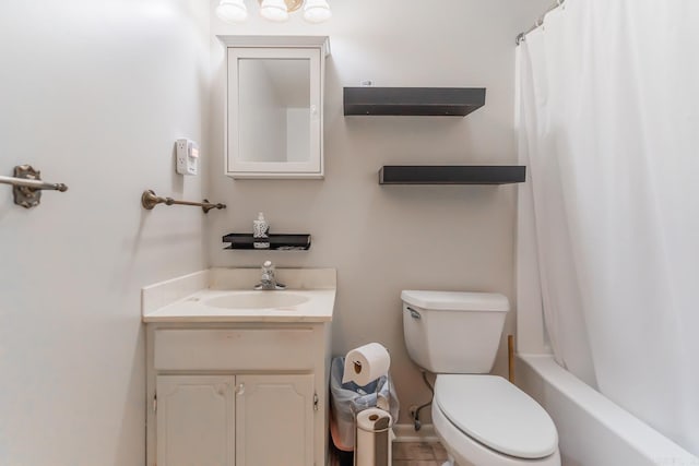 full bathroom featuring shower / tub combo, toilet, tile floors, and large vanity