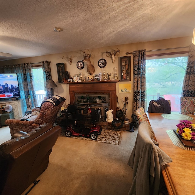 carpeted living room featuring a textured ceiling