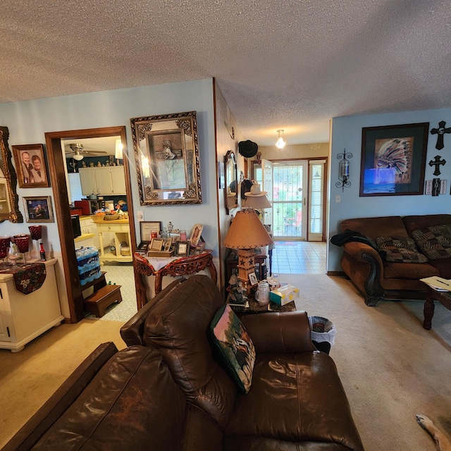 tiled living room with a textured ceiling