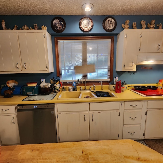 kitchen with custom range hood, electric stovetop, white cabinetry, sink, and stainless steel dishwasher