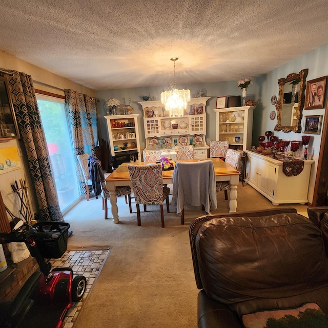 dining area featuring a wealth of natural light, light colored carpet, a textured ceiling, and a notable chandelier