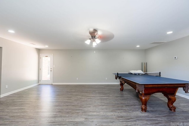 recreation room featuring pool table, ceiling fan, and hardwood / wood-style flooring