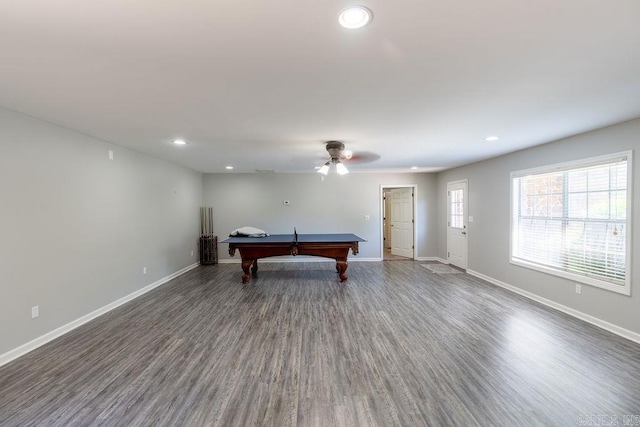 playroom with ceiling fan, pool table, and dark wood-type flooring