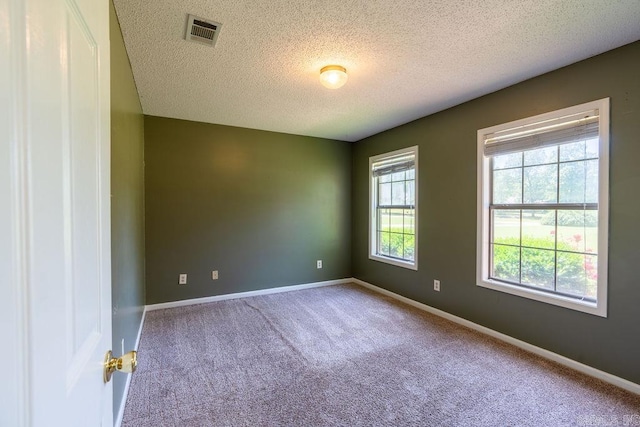 carpeted empty room with a textured ceiling