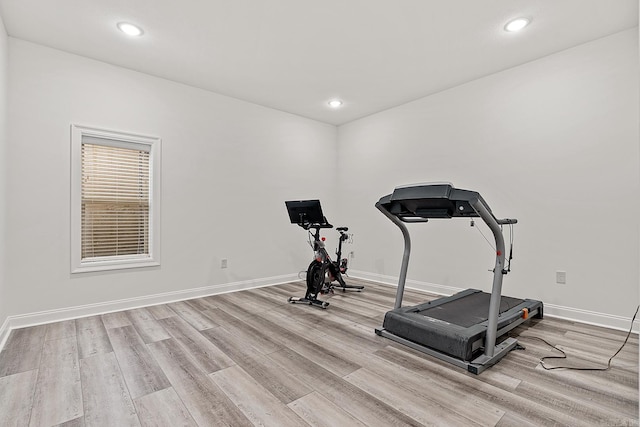 workout area featuring light hardwood / wood-style floors