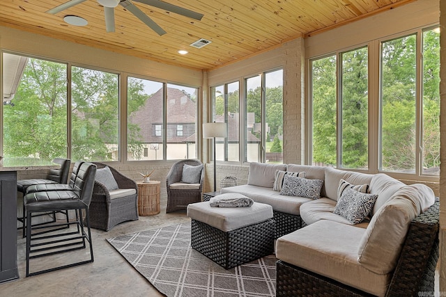 sunroom / solarium featuring ceiling fan and wood ceiling