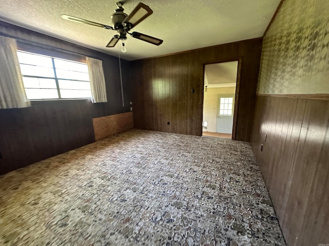 carpeted empty room featuring wood walls, a textured ceiling, a wealth of natural light, and ceiling fan