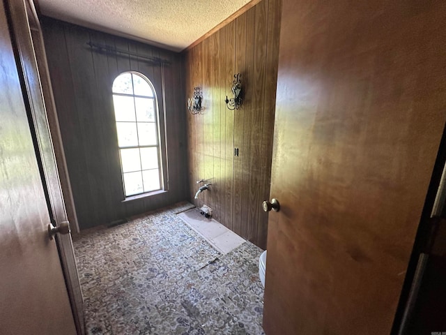 entryway with wood walls, plenty of natural light, and a textured ceiling