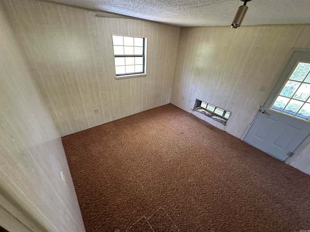 carpeted empty room with a healthy amount of sunlight, wood walls, and a textured ceiling