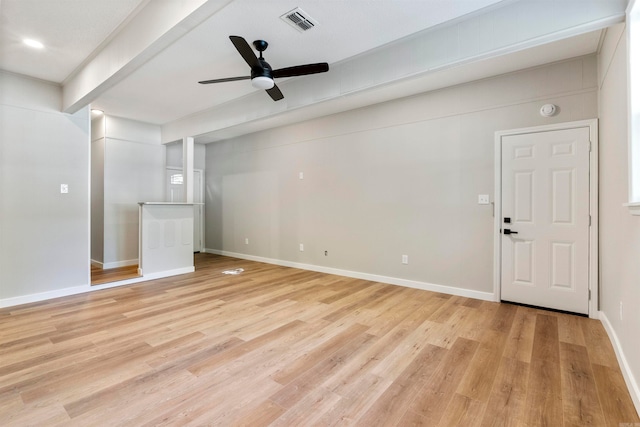 unfurnished living room with beamed ceiling, ceiling fan, and light wood-type flooring