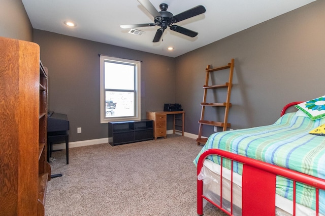 bedroom featuring ceiling fan and carpet flooring