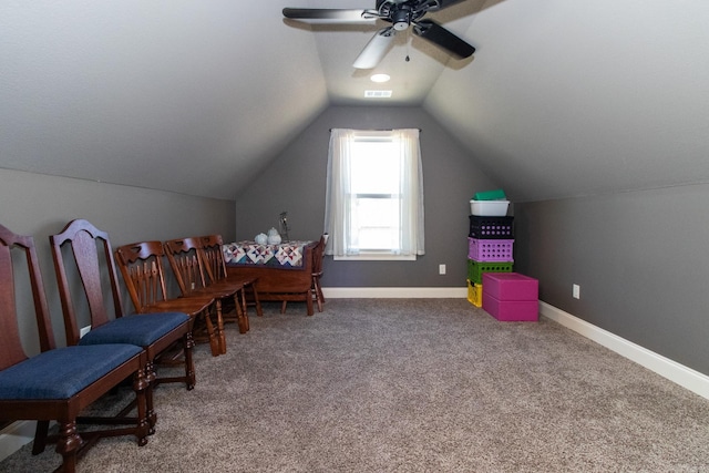 rec room with carpet, vaulted ceiling, and ceiling fan