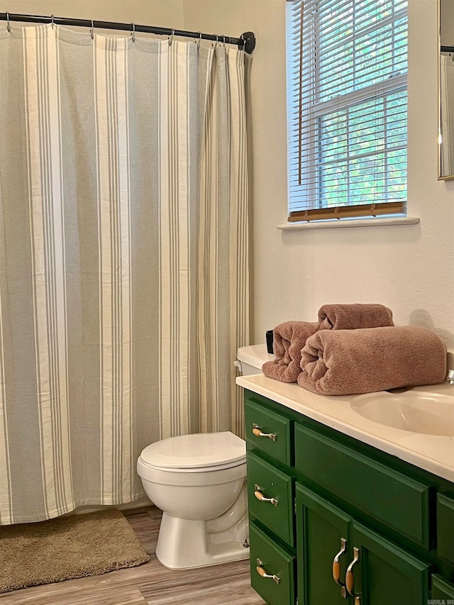 bathroom featuring hardwood / wood-style flooring, toilet, and vanity