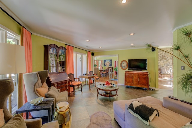 tiled living room featuring ornamental molding