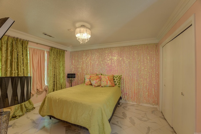 tiled bedroom with ornamental molding and a chandelier