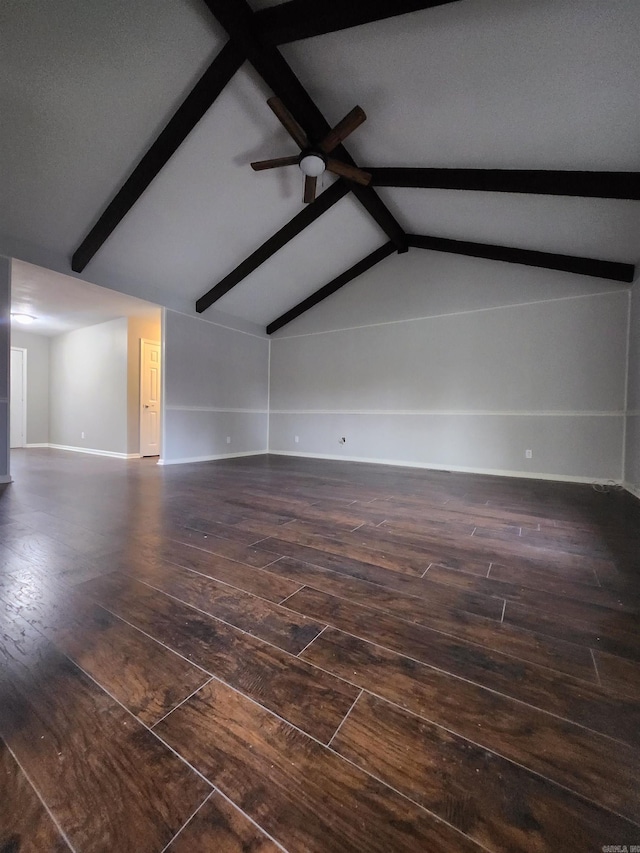 unfurnished living room with lofted ceiling with beams, ceiling fan, and dark hardwood / wood-style floors