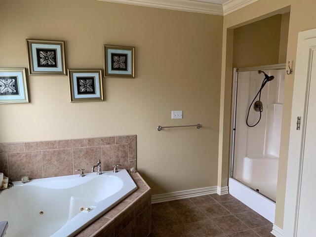 bathroom with separate shower and tub, crown molding, and tile flooring