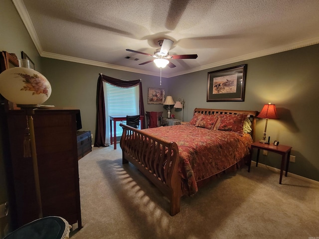 carpeted bedroom featuring a textured ceiling, crown molding, and ceiling fan