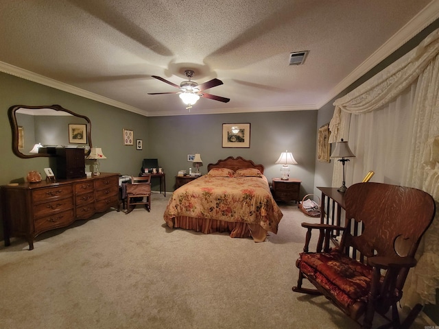 bedroom featuring ceiling fan, a textured ceiling, crown molding, and carpet floors