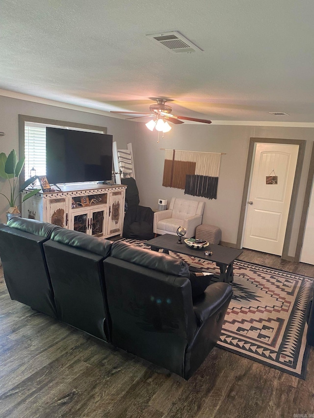 living room featuring ceiling fan and dark hardwood / wood-style floors