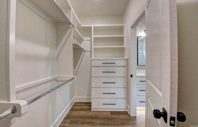 walk in closet with dark hardwood / wood-style floors