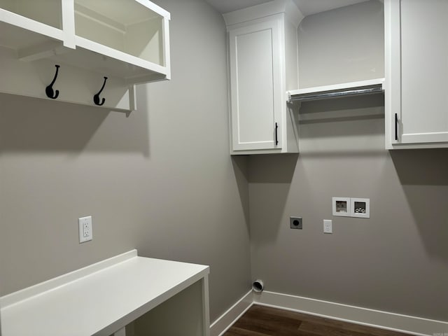 clothes washing area featuring washer hookup, hookup for an electric dryer, dark hardwood / wood-style floors, and cabinets