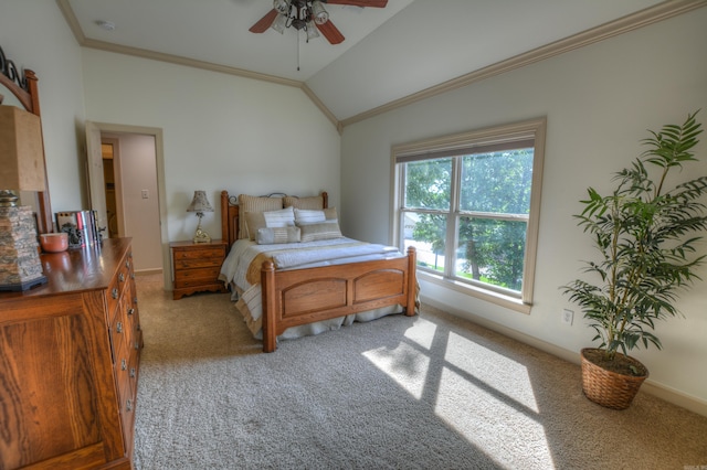 bedroom with vaulted ceiling, ceiling fan, light carpet, and ornamental molding