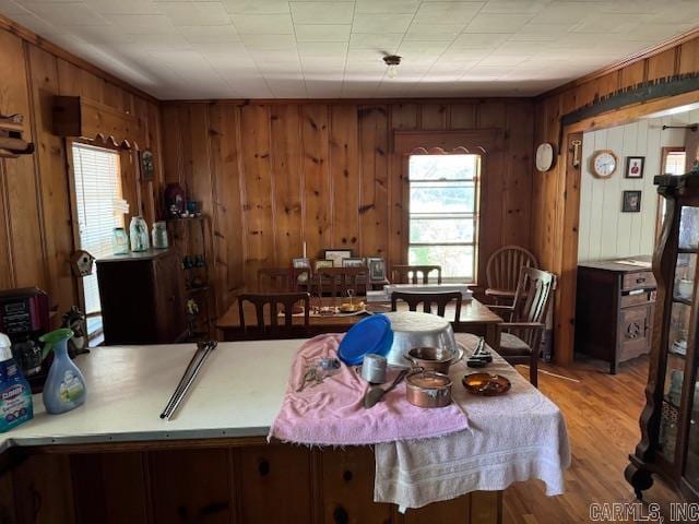 kitchen with light hardwood / wood-style flooring and wooden walls